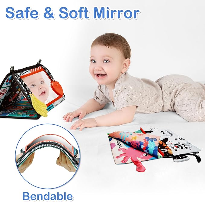 Baby Mirror Toys 0-6 Months - Tummy Time Toys 0-3 3-6 Months with Crinkle Cloth Books, High Contrast Newborn Sensory Toy for Babies 0 3 6 9 12 Months, Infant Toys Montessori for Boys Girls Baby Gifts