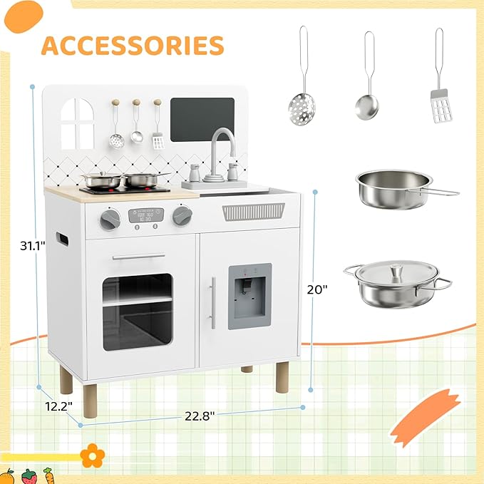 MAMIZO Play Kitchen for Kids, Pretend Playset with Blackboard & Realistic Lights & Sounds, Ultimate Interactive Wooden Kitchen with Knob Sounds, Sink, Water Dispenser, 6 Pcs Cookware for Ages 3+,White