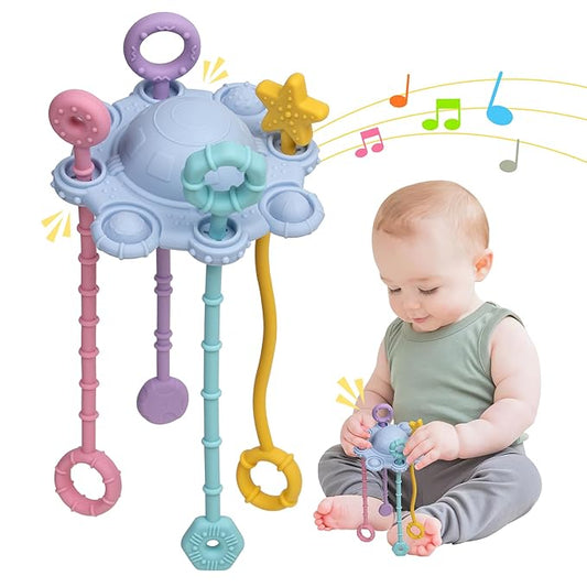 Montesorri-Toys - Pull String Toys for Baby - Made of 100% Food Grade Silicone with Built-in Rattle Function and Easy to Clean Design (Blue)