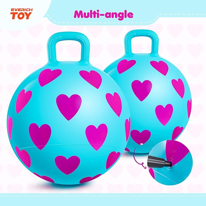 EVERICH TOY Hopper Ball for Kids 3-6, 15In Hippity Hop Ball, Sit On Blue Bouncy Balls with Handle, Indoor Outdoor Pink Heart Inflatable Christmas Hopping Toys for Girls Boys