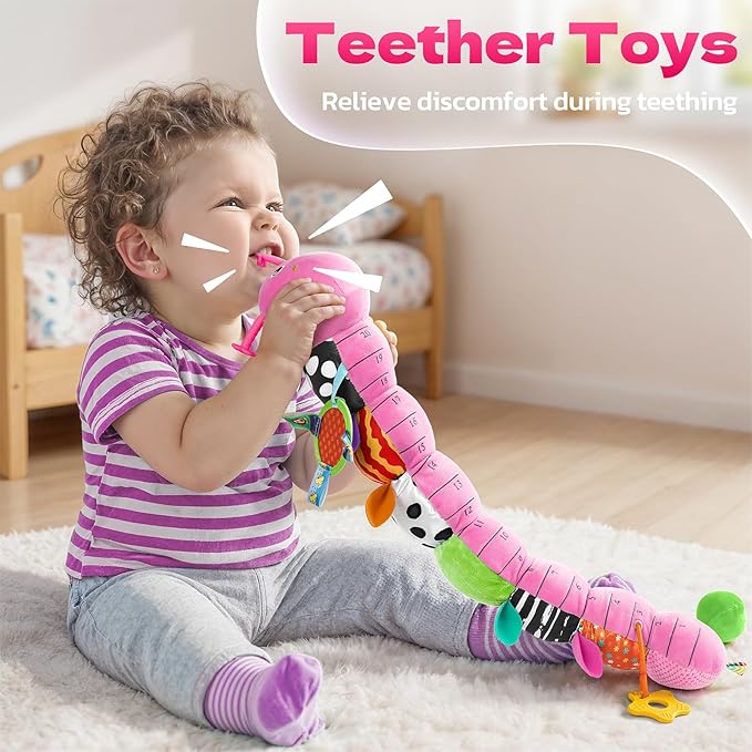 HEMRLY Baby Sensory Toy 0-6 Months, Musical Stuffed Caterpillar Plush with Teether, Crinkle, Rattle, Baby Mirror for Tummy Time, Infant Car Seat Toy for 0-3-6-12 Month Boys Girls Gifts - Winged Pink