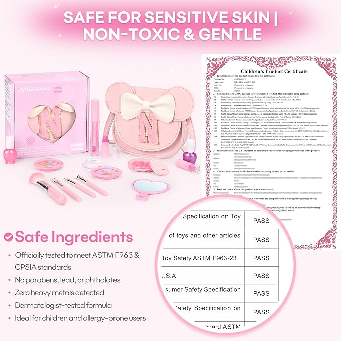 Kids Makeup Kit for Girls - 15 Pcs Real Washable Make Up Set - Non Toxic Toddlers Cosmetic with Letter Mouse Ear Purse - Dress up Birthday Gifts for 3 4 5 6 7 8 Years Old Girls - N