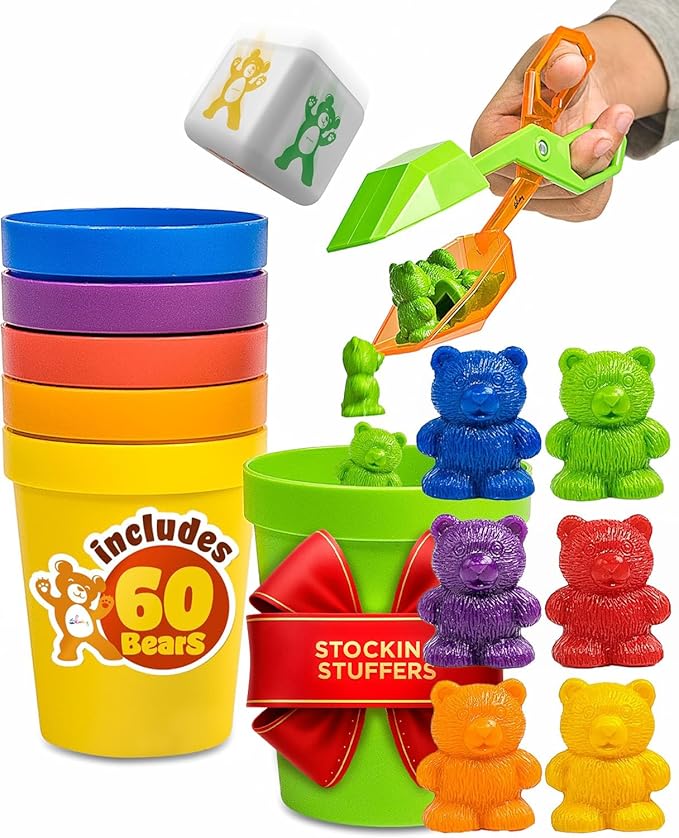 Skoolzy Counting Bears Set - 70 Pc Color Sorting Sensory Toys for Toddlers 3-4 - Montessori Toys for 3 Year Old - Autism Toys for Toddlers 3-4 - Color Sorting Toys for Toddlers Learning + Education
