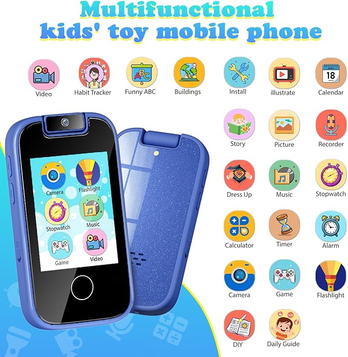 PTHTECHUS Kids Phone Toys for Girls Boys - Toddler Touchscreen MP3 Music Player with Dual Camera, Habit Tracker, Games, Alphabet, Educational Learning Toys Birthday Easter Gifts for 3-7 with SD Card