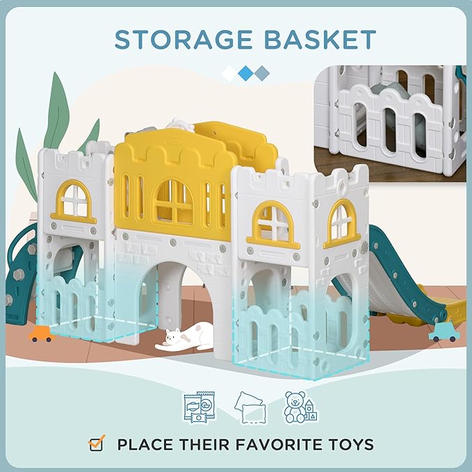 Qaba 8 in 1 Toddler Slide for Kids Age 1-3 Years, Indoor Kids Slide Playset with Basketball Hoop, Climber, Telescope, Tunnel, Steering Wheel, Aisle, Storage Baskets, Yellow