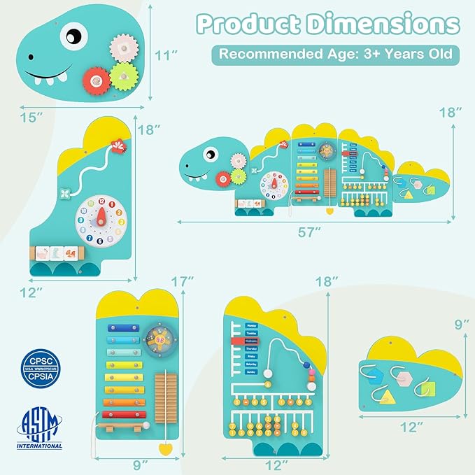 GLACER Dinosaur Wall Busy Board Panels, 11-in-1 Wooden Learning Activity Center for Early Education, Wall-Mounted Montessori Sensory Toddler Toys for Playroom, Daycare, Nursery (Green)