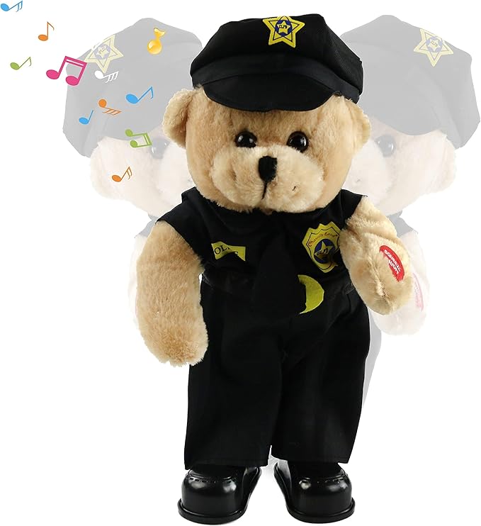 Houwsbaby 14" Electronic Police Teddy Bear Stuffed Animal Dancing Music Singing Waving Interactive Teddy Bear Plush Toy Presents for Kids Boys Girls Birthday