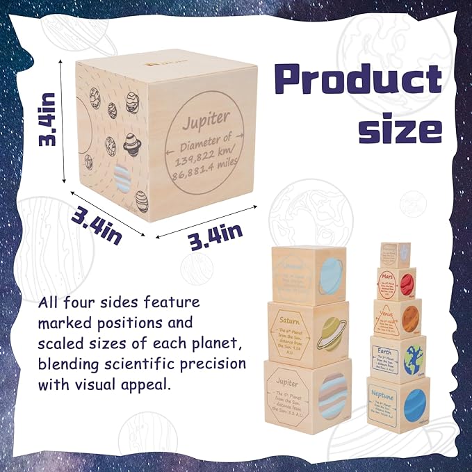 Adena Montessori Preschool Educational Science Toy Set, Stacking Toys for Kids 3+, Wooden Eight Planet Nesting Blocks for Learning Solar System, 8 Pieces