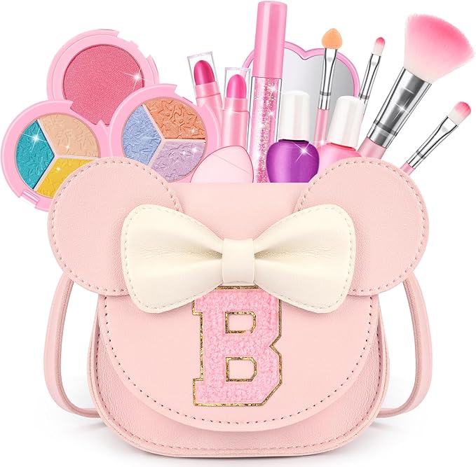 Kids Makeup Kit for Girls - 15 Pcs Real Washable Make Up Set - Non Toxic Toddlers Cosmetic with Letter Mouse Ear Purse - Dress up Birthday Gifts for 3 4 5 6 7 8 Years Old Girls - B
