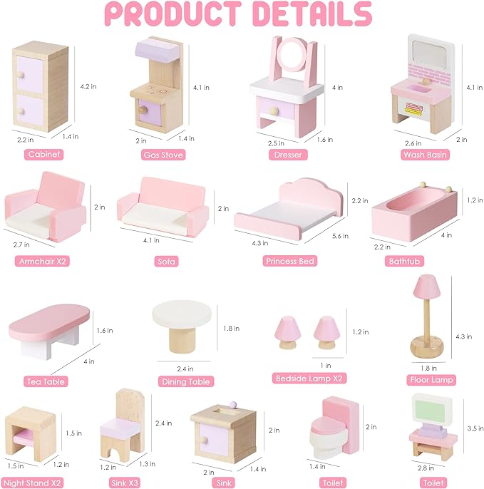 Wooden Dollhouse Furniture Set, 22 Pcs Miniature Dollhouse Accessories Including 5 Room Kits, Little People House Furniture, Doll House Furniture Toys Gift for Girls Boys Age 3+