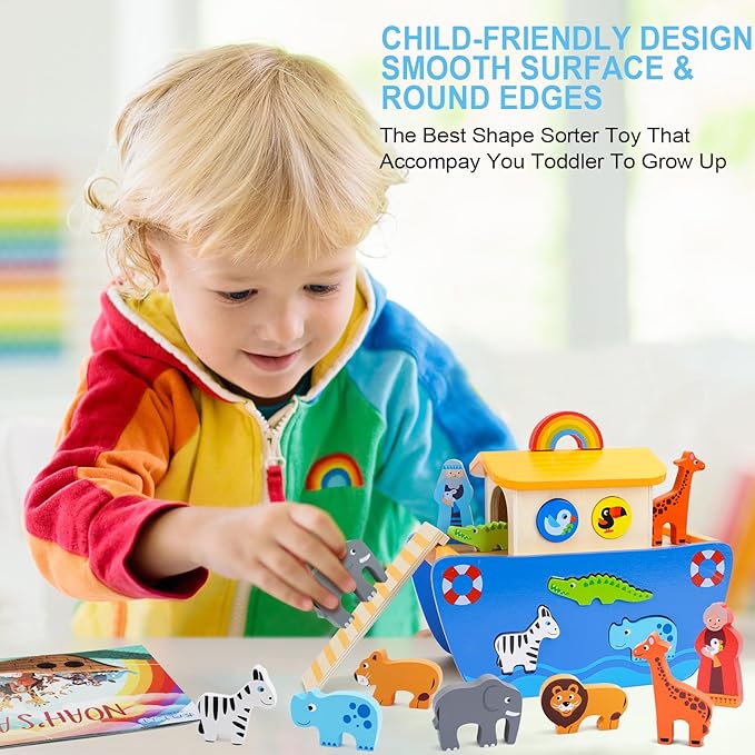 KMTJT Toddlers Wooden Noah's Ark Toy Animal Playset, Baptism Gifts for 1 2 3 Boys Girls, Shape Sorter Early Learning Montessori Toys with Bible Story Book for 12 18 24 Months Babies