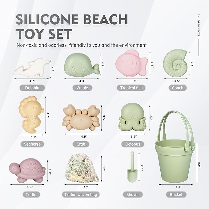 MarcZero 11Pcs Silicone Beach Toys,Modern Baby Beach Toys,Travel Friendly Beach Set,Silicone Bucket, Shovel, 8 Sand Molds, Beach Bag, Sand Toys for Toddlers, Kids (Green)