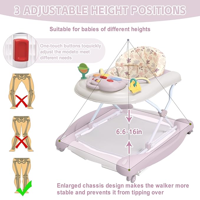 5 in 1 Foldable Baby Walker,Activity Baby Walker-Baby Bouncer,Rocker,Activity Center,Seat and Push Walker,Detachable Footrest Mat,Adjustable Speed Rear Wheels and Height,Ages 6-18 Months (Purple)