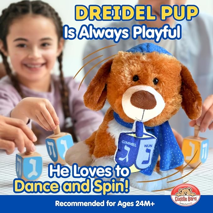 Cuddle Barn | Dreidel Pup - Funny Dancing Puppy Stuffed Animal Plush Toy for Kids | Celebrates Hanukkah in Blue Kippah or Yarmulke | Sings I Have a Little Dreidel, 9 Inches