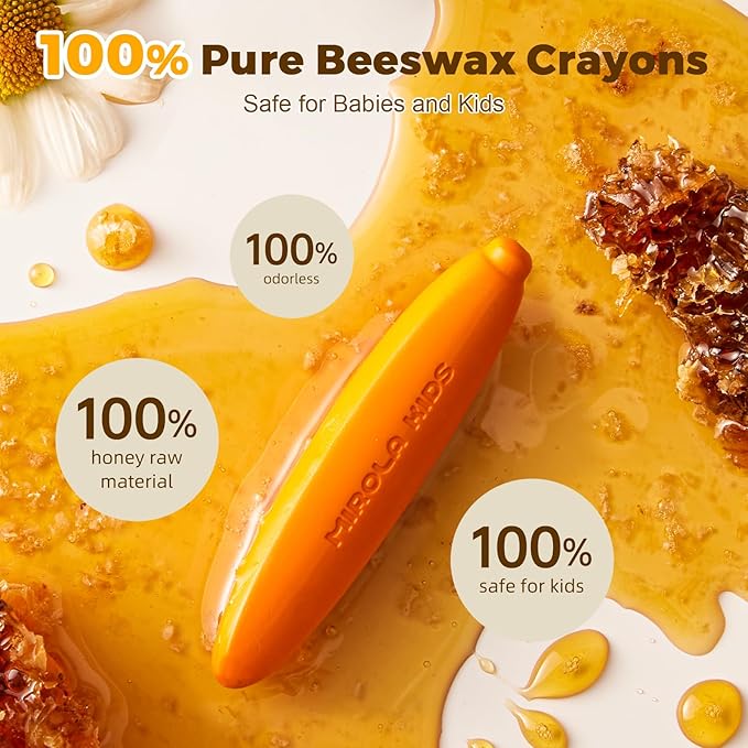 100% Pure Beeswax Crayon for Toddlers 1-3,12 Colors Non-Toxic Crayons with 108 Free Coloring Books PDF Pages, Safe Coloring Gifts for Babies and Toddlers, Mess Free Crayons Art Supplies