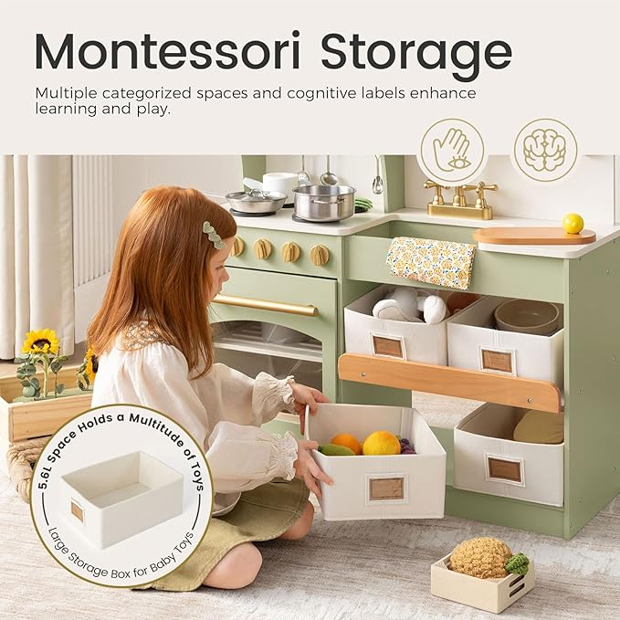 Tiny Land Play Kitchen for Kids with Enhanced Storage – Modern Toddler Kitchen Playset with Stove, Sink & Accessories, Organized Wooden Toy Kitchen, Ideal for Toddlers