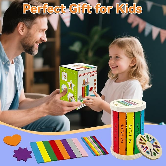 Wooden Montessori Baby Toddler Toys: Learning Fine Motor Skills Sensory Toys for Toddlers 3-5, Educational Color Sorting Preschool Learning Activities Boys Girls Gifts (Rainbow Bucket)