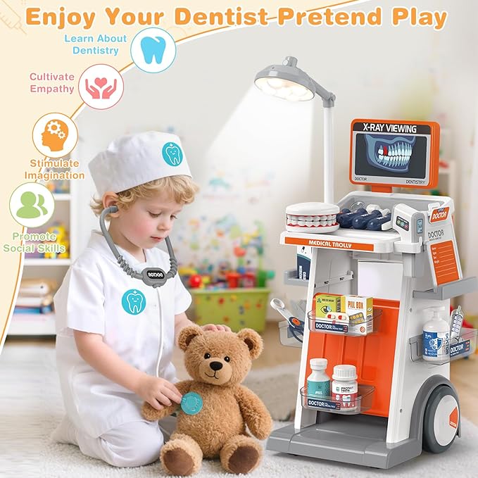 Dreamon Doctor Kit for Toddlers 3-5 Pretend Play Toys - 29 Pcs Kids Dentist Cart Play Set with Light and Costume - Role Play Medical Toy for 3+ Year Old Boys and Girls Christmas Birthday Gifts