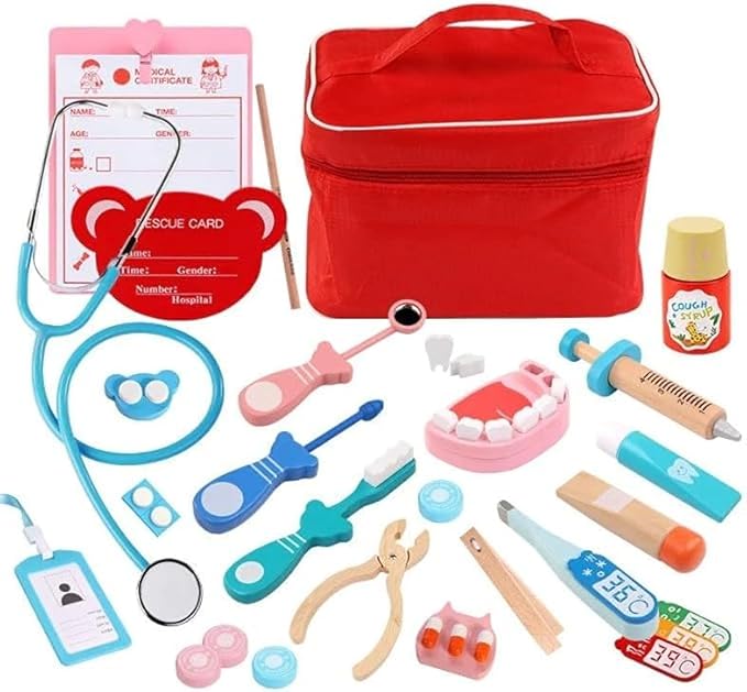 Wooden Doctor & Dentist Kit, Pretend Play Doctor Set, Wooden Doctors Playset with Medical Bag, Stethoscope, Syringe & Magnetic Thermometer, Educational Doctors Role-play Sets for Girls & Boys (styleA)