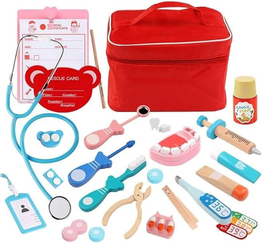 Wooden Doctor & Dentist Kit, Pretend Play Doctor Set, Wooden Doctors Playset with Medical Bag, Stethoscope, Syringe & Magnetic Thermometer, Educational Doctors Role-play Sets for Girls & Boys (styleA)