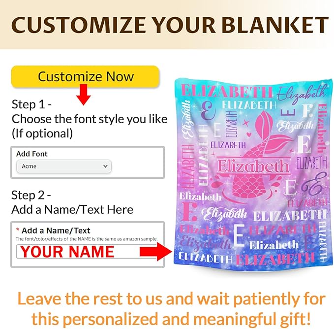 Mermaid Gifts, Personalized Girls Throw Blanket with Name for Kids 4-6, Custom Monogram Blankets for Daughter Niece Toddler, Mermaid Stuff Themed Throws for Cars Travel Camping Party Decor