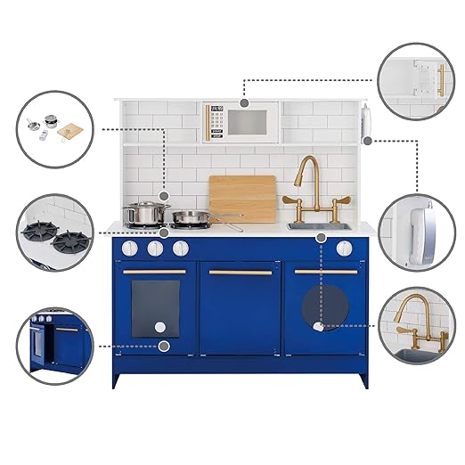 Teamson Kids Little Chef Berlin Kids Play Kitchen with 6 Kitchen Accessories, Wooden Play Kitchen Set for Toddlers with Subway Tile Backsplash, Gold Hardware, & Storage Shelves, Blue/White
