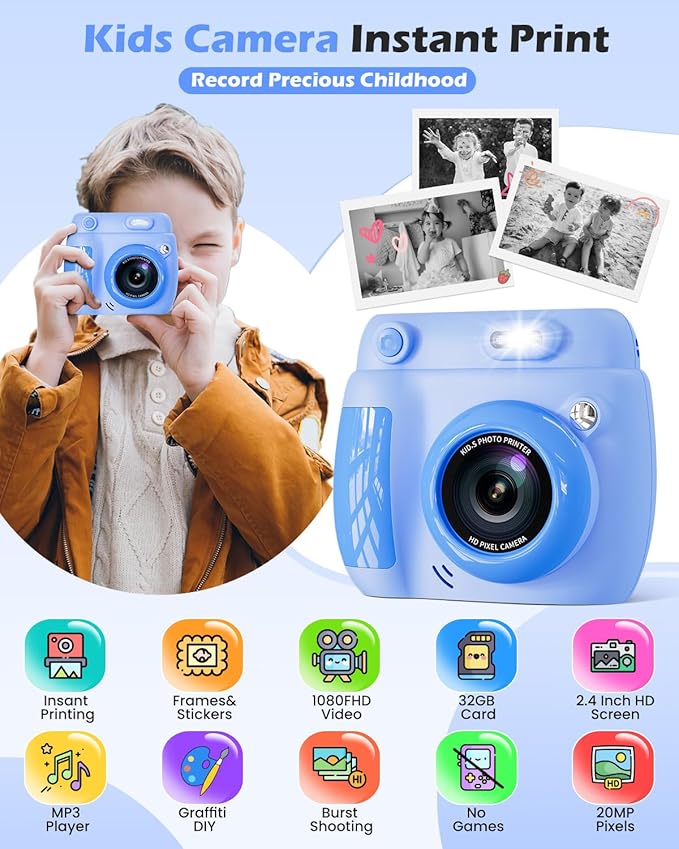 Kids Camera Instant Print - Christmas Birthday Gifts for Girls Boys Age 3-12, 1080P Video Digital Camera with 3 Rolls Printing Paper, Toddler Travel Toy Camera for 4 5 6 7 8 9 10 11 Year Old - Blue