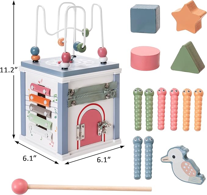 Donmills Wooden Activity Cube Toddler Montessori Toys, Baby Activity Cube with Bead Maze, Shape Sorter Toy, Bonus Sorting & Stacking Board, Learning & Education Toys Birthday Gift for Boys and Girls
