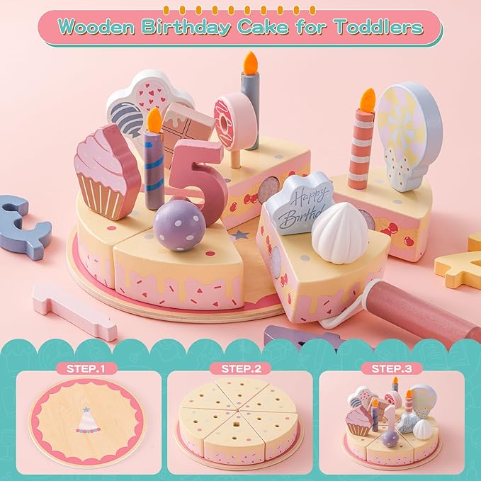 Birthday Party Cake Toys, Wooden Play Food Set for Kids Toddlers, Play Kitchen Toys for Boys Girls, Educational Toys