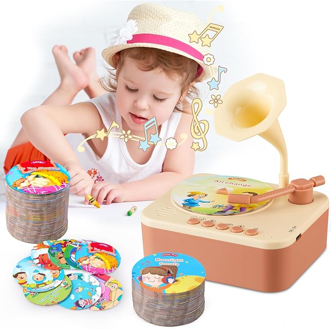 Toddler Gramophone Musical Toys - Player Audio Books for Kids, 99 Cards Stories Songs Phonograph Record, Gift for Boys and Girls (Cozy Brown)
