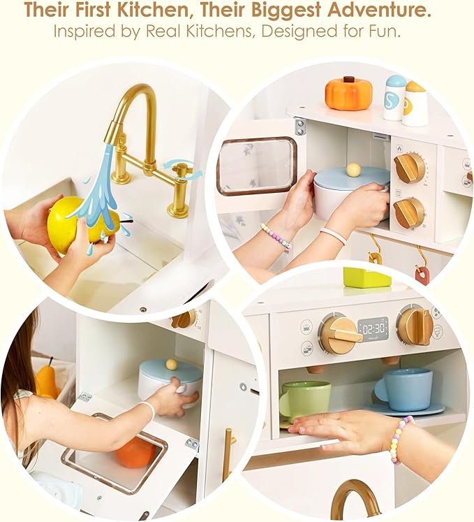 Wooden Play Kitchen for Kids with Ice Maker — Small White Pretend Kitchen Set with Sink, Stove, Oven & Microwave, Utensils and Storage, Montessori Role-Play Toy, Gift for Toddlers Ages 3+