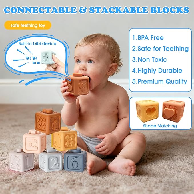 6 in 1 baby montessori toys for 6 12 month old-incl Busy Cube,stacking cups,Shape Sorting Bin,baby blocks,crinkle books, suction cups spinners,Sorting Learning Sensory Toys Gift for Babies Aged 1-3
