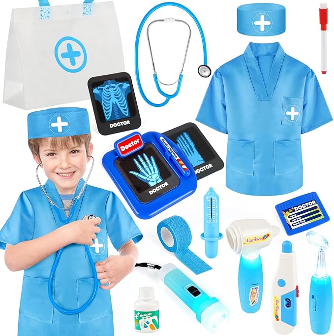 Doctor Kit for Kids, 17 Pcs Medical Play Set with Bag and Dress Up Costume for Toddlers 3-5, Pretend Play Toys for Boys Girls, Halloween Christmas Birthday Gifts
