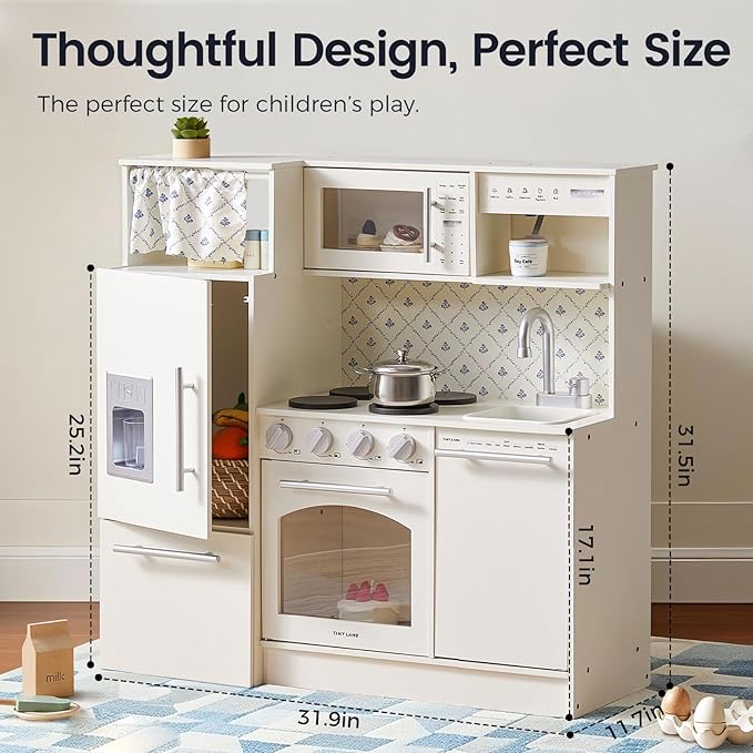 Tiny Land Play Kitchen for Kids, Upgraded Wooden Kitchen Toy with Complete Play Areas, Pretend Cooking Set with Sink, Stove, Microwave, Toy Coffee Station & Storage for Kids Ages 3+