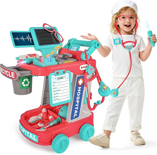 Doctor Kit for Kids, Pretend Play Medical Toy Doctor Cart, Doctor Toy for Toddlers 3-5, Christmas Birthday Costume Role Play Dress Up Gift Ideas for Boys Girls