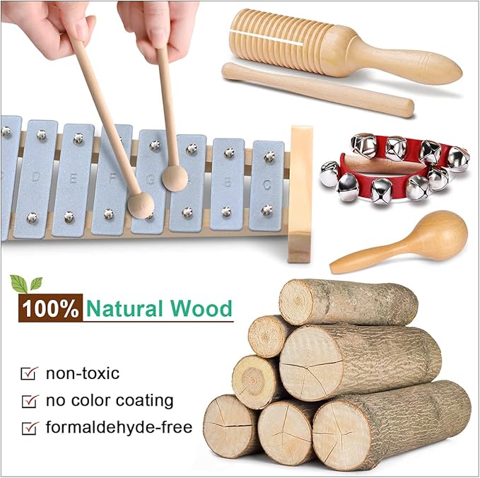 LOOIKOOS Toddler Musical Instruments International Natural Wooden Music Set for Toddlers and Kids - Eco Friendly Preschool Educational Musical Toys with Storage Bag