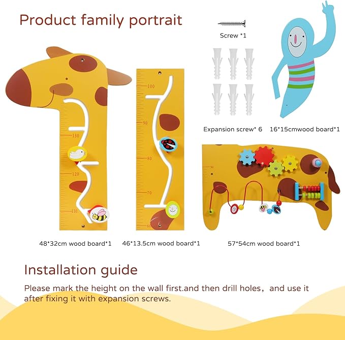 Activity Wall Panels for Toddlers,7 Activities Multifunctional Busy Board Wooden Wall Activity Center,Giraffe Height Ruler - Children’s Early Education Sensory Exercises-Kids Room Decor for Play