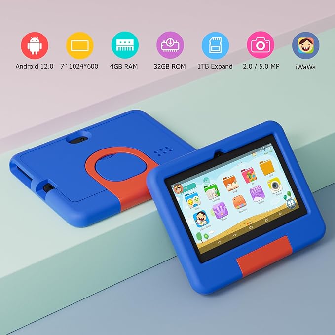 Kids Tablet, 7 inch Android Tablet for Kids, 4GB RAM 32GB ROM 1TB Expand, Toddler Tablets with Parental Control, IPS Screen, Dual Camera, Educational, Games, Shockproof Case for Boys/Girls (Blue)