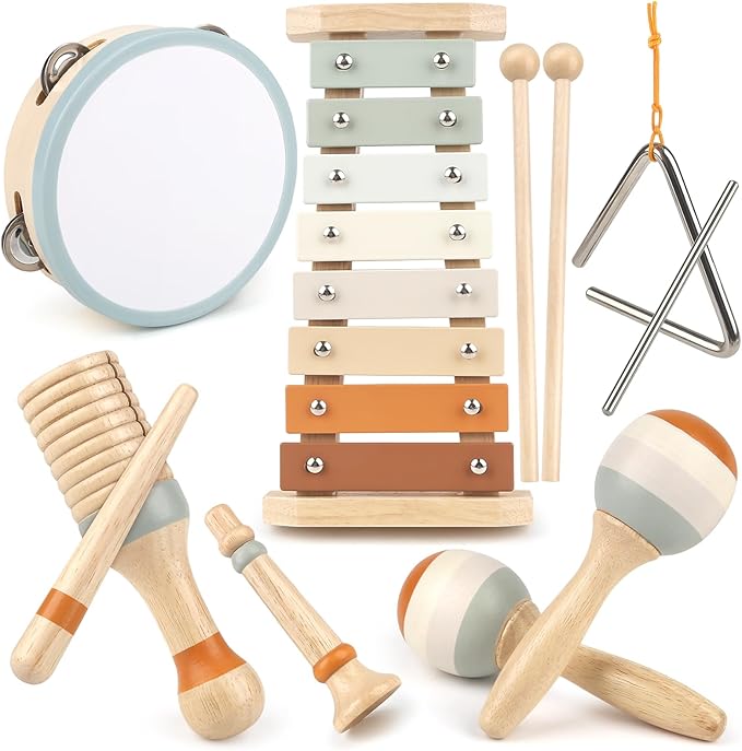 Musical Instruments - 6 in 1 Wooden Musical Toys for 2 3 Year Old Boy & Girls Birthday Gifts, Neutral Colors with Modern Boho Xylophone for Toddler Preschool Educational Toy for Baby 18+ Months