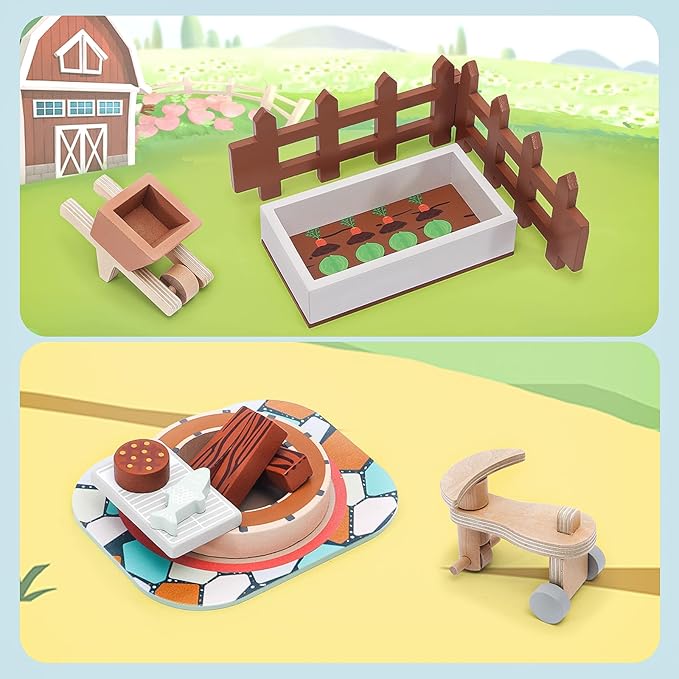 Wooden Doll House Furniture and Accessories Outdoor Play Set for Kids- Includes Slide, Swing, BBQ Grill, Pool & Garden - Perfect Doll House Decor Gift for Children 3-6 Years Birthday Christmas