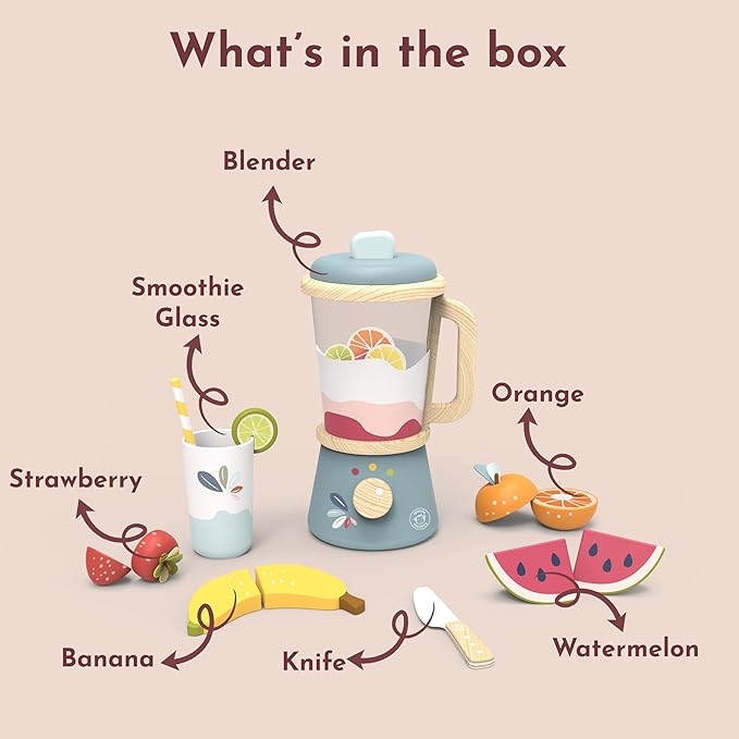 SPEEDY MONKEY Smoothie Maker Blender Set - FSC Wooden Food Blender Toy for Kids, Pretend Play Kitchen Appliance, Role Play Toy Mixer for Toddlers, Fun Fruity Smoothie Playset to Make a Healthy Shake