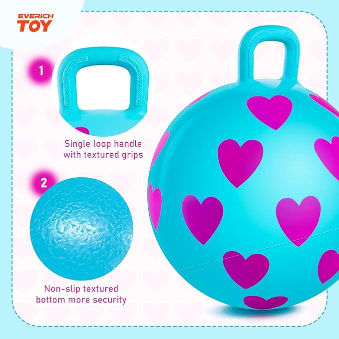 EVERICH TOY Hopper Ball for Kids 3-6, 15In Hippity Hop Ball, Sit On Blue Bouncy Balls with Handle, Indoor Outdoor Pink Heart Inflatable Christmas Hopping Toys for Girls Boys
