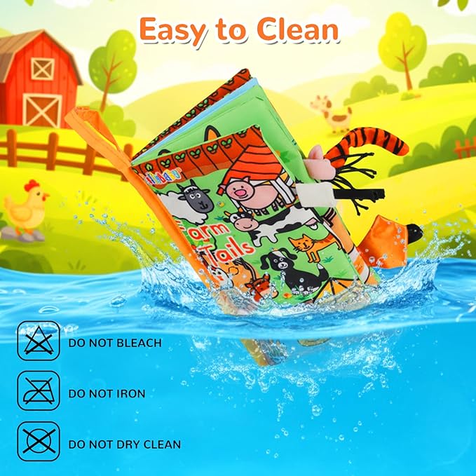 HECCEI Baby Cloth Books Soft Baby Book 0-6 Months Crinkle Books with Tail Touch and Feel Sensory Toys for Infant Tummy Time for 3 Months+, Farm Tails