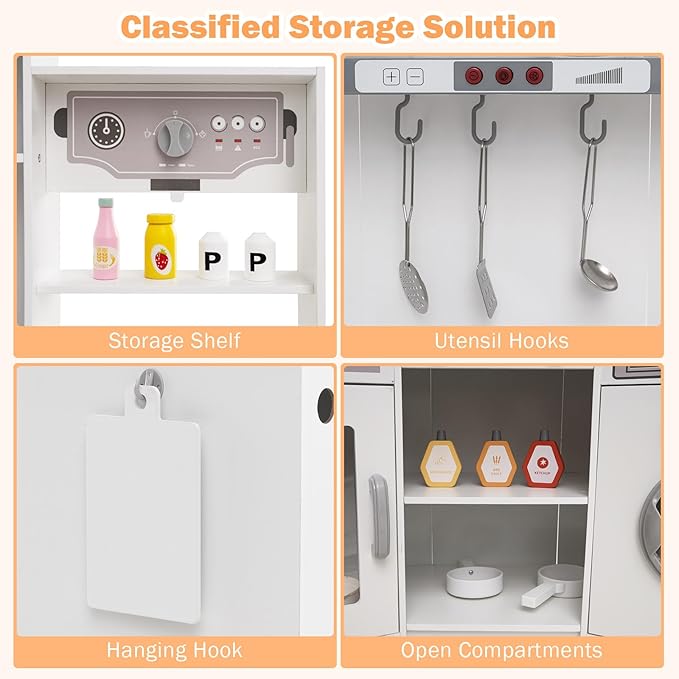 GLACER Corner Wooden Play Kitchen for Kids, Large Pretend Play Kitchen Playset with Sound, Light, Chalkboard, Microwave, Ice Maker, Washing Machine, Accessories, Toy Kitchen Set for Ages 3+ (White)