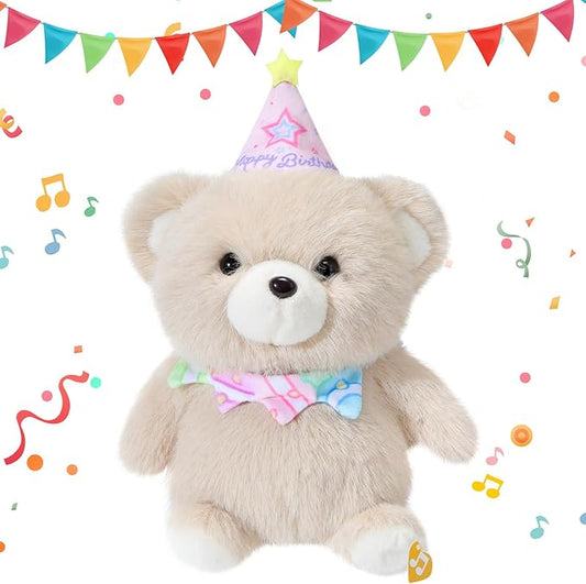 Birthday Bear Plush Toy Clap Activated with Voice Recording Singing Dancing Interactive Stuffed Animal Gift for Toddler Kids Boys Girls
