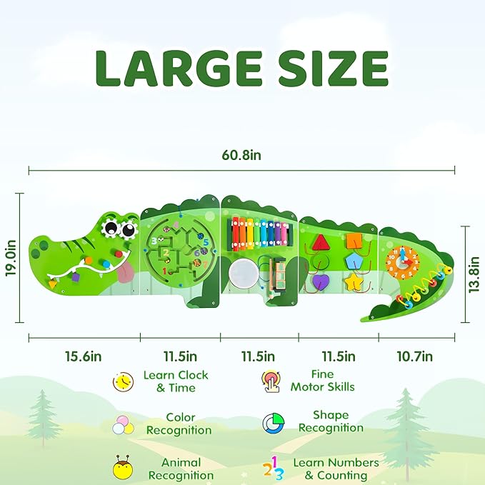 Crocodile Activity Wall Busy Board Panels | 9-in-1 Wooden Sensory Wall Panel for Kids, Montessori Learning Activity Center | Perfect for Toddler Playroom, Daycare, Nursery, Classroom or Dr's Office