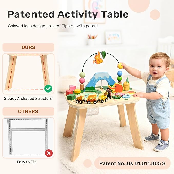 wingyz Activity Table for 1 Year Old Toddler, 9-in-1 Multi-Colorful Wooden Montessori Toys, Baby Play Table with Bead Maze Shape Sorter Train Toy, Educational Gifts for Kids Boys Girls
