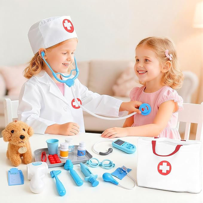 Doctor Kit for Toddlers 3-5 - Doctor Toys for 3 4 Year Old Boys Girls, Pretend Play Medical Kit with Dog, Carrying Bag, Dress Up Costume, Stethoscope, Role Play Birthday for Kids 5 6 7
