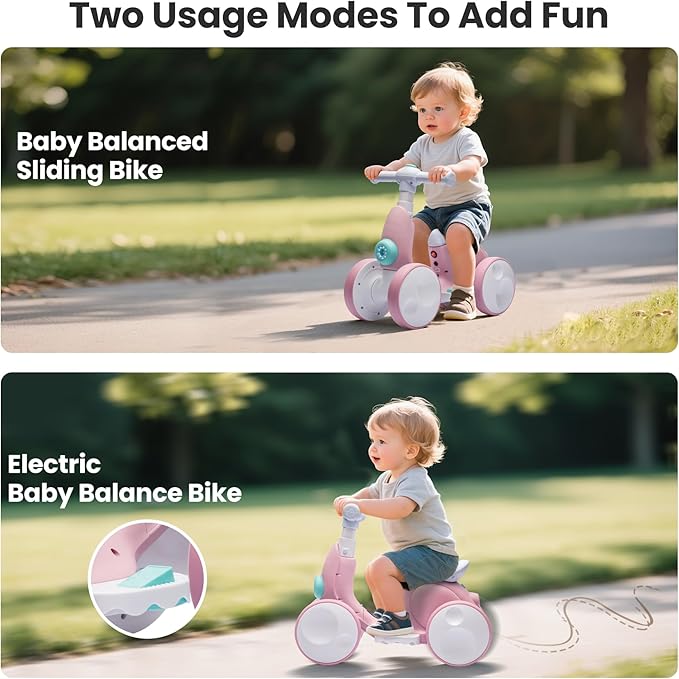 Electric Baby Balance Bike with Bubble Machine for 1 Year Old Boys Girls 4 in 1 Toddler Balance Bike 12-48 Month Kids Bubble Bike Ride Toys First Birthday Gift with Powered Motor,Music,LED Lights