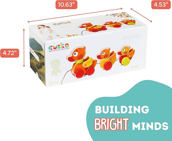 Cubika Wooden Walk Along Ducks – Pull Toys for Toddlers Ages 1-3 – Montessori Inspired, FSC-Certified Wood, German Water-Based Paint – Travel-Friendly Wooden Toy for Boys and Girls